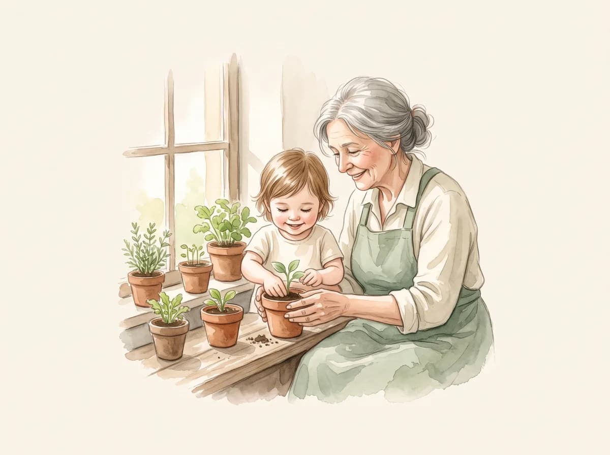 Watercolour of a grandmother and grandchild planting a seedling together