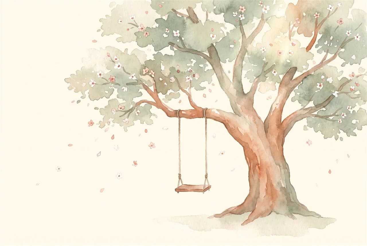 Watercolour painting of a blossoming tree with a wooden swing
